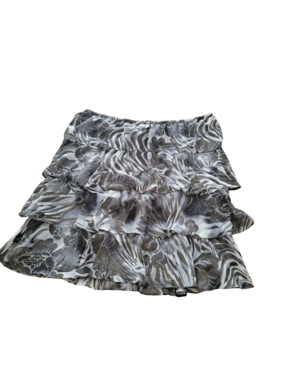 Gray/White/Black vintage-inspired grey/white animal floral print tiered skirt